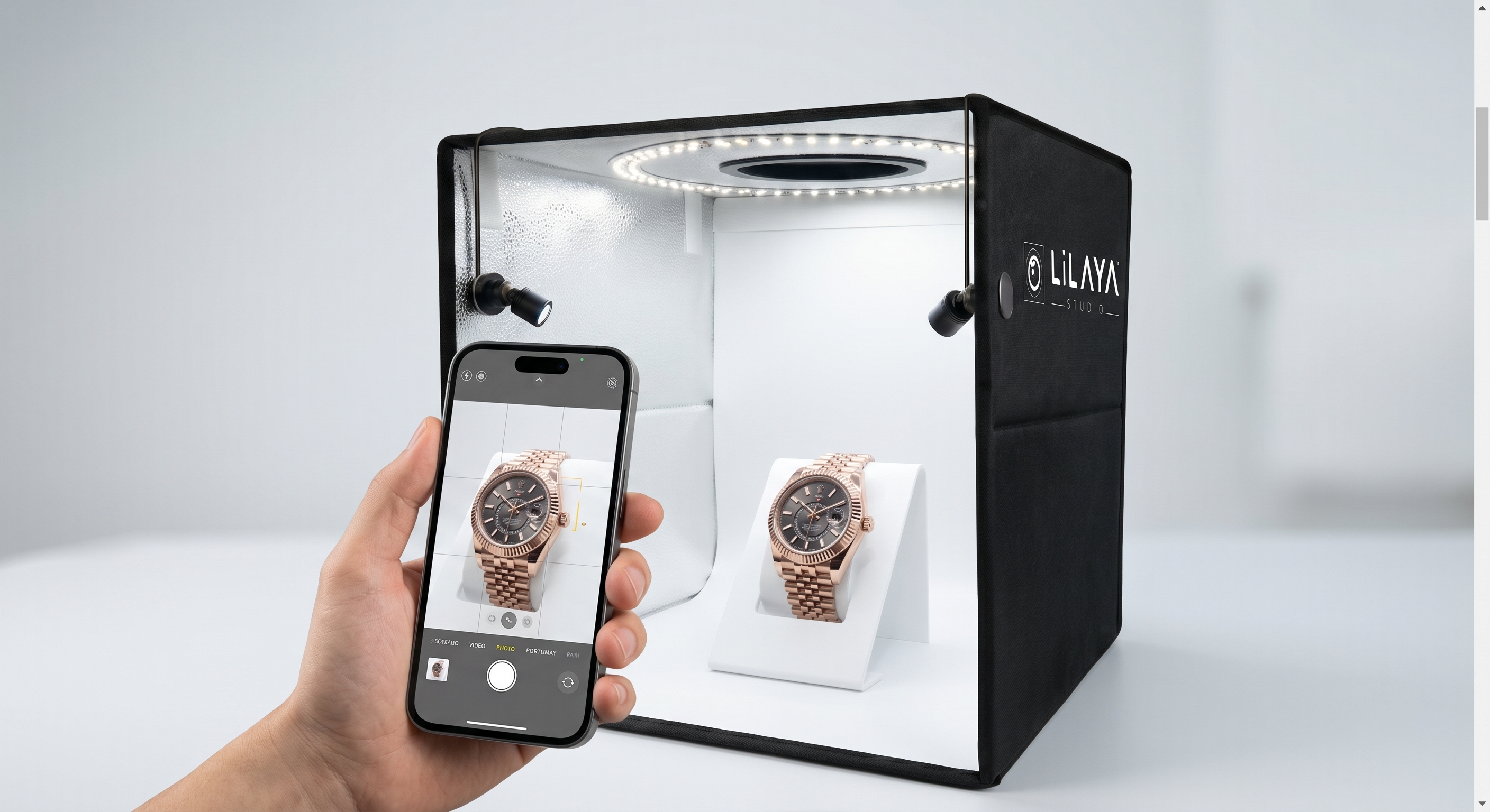 Montre photographiée dans la photobox Lilaya Studio, fond blanc, avec un smartphone